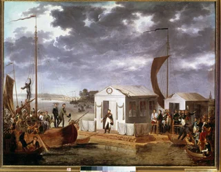 Treffen von Tilsit (Tilsitt) zwischen Napoleon I. und dem russischen Zaren Alexander I. am Fluss Memel am 25. Juni