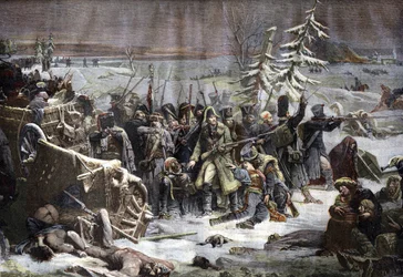 Marschall Michel Ney (1769-1815) auf dem Rückzug aus Russland im Jahr 1812. Stich nach Yvons Gemälde.