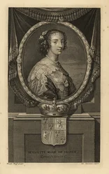 Henrietta Maria von Frankreich, Frau von König Karl I. von England. In Kleid mit Spitzenkragen, Perlenkette. Mit Krone und Wappen. Kupferstich von Charles Simonneau nach Adriaen van der Werff aus Isaac de Larrey