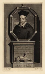 John Lesley, schottischer Historiker und Bischof von Ross. Eveque de Rosse. Hund mit Schlüssel. Kupferstich von Pieter Stevens van Gunst nach Adriaen van der Werff aus Isaac de Larrey’s Histoire d’Angleterre, d’Ecosse et d’Irlande, Amsterdam