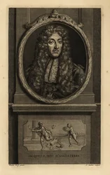 König James II. von England, James VII. von Schottland, Jacques II Roy d’Angleterre. Mit Perücke, Spitzenhalstuch, Kette mit Figur von St. Georg und dem Drachen. Vignette zeigt einen römischen Kaiser, der seine Krone an einen Soldaten verliert. Kupferstich