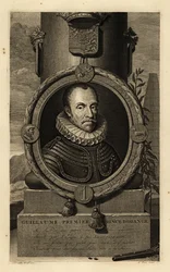 Wilhelm I., Prinz von Oranien, Wilhelm der Schweiger oder Wilhelm der Schweigsame. Guillaume, Premier Prinz d’Orange. In Rüstung mit Spitzenkrause, Wappen oben, Steinschlosspistole und Bleikugeln unten. Kupferstich von Gerard Valck nach Adriaen van