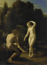 Eine Nymphe tanzt zur Flöte eines Hirten