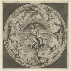 Entwurf für einen Teller mit Arion, der auf einem Delphin reitet, in einem von Seeungeheuern umgebenen Medaillon, um 1600