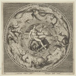 Entwurf für einen Teller mit Thetis auf einer Muschel in einem Medaillon, umgeben von Seeungeheuern, ca. 1600