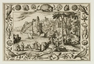 Die Tochter des Pharao findet Moses, aus Landschaften mit alten und neuen Testament-Szenen und Jagdszenen