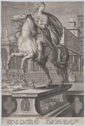 Tafel 12: Reiterstatue von Domitian, dreiviertel nach links gesehen, mit seinem ..., ca. 1587-89