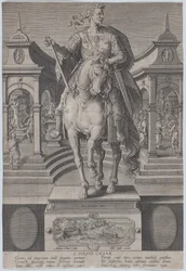 Tafel 1: Reiterstatue von Julius Caesar, von vorne gesehen, mit einer Szene von..., ca. 1587-89