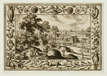 Das Gleichnis vom barmherzigen Samariter, aus Landschaften mit alten und neuen Testamentsszenen und Jagdszenen