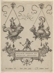 Titelblatt mit zwei Anhänger-Designs oben und Neptun, der auf einer Kartusche steht, unten, 1582