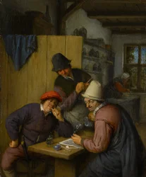 Drei trinkende und rauchende Bauern in einer Taverne