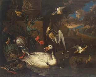 Wildgeflügel in einer Landschaft und Figuren