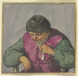 Halbfigur eines sitzenden Bauern mit Pfeife