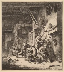 Bauernfamilie im Inneren mit der Mutter, die ein Kind füttert