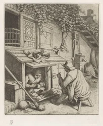 Schuster in einem Laden vor seinem Haus und ein Kunde