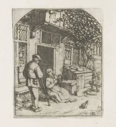 Spinnerin auf der Schwelle eines Hauses