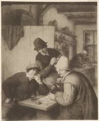 Drei Bauern und eine Frau an einem Tisch
