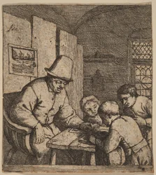 Dorfschulmeister mit drei Schülern