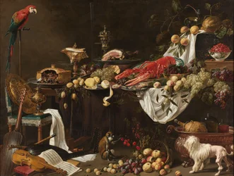 Prunkstillleben mit einem Papagei, Hund und Affe