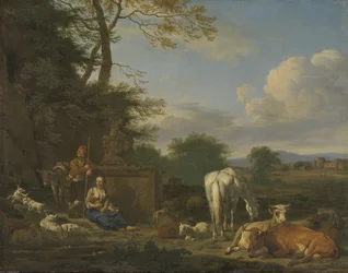 Arkadische Landschaft mit ruhenden Hirten und Tieren, 1664