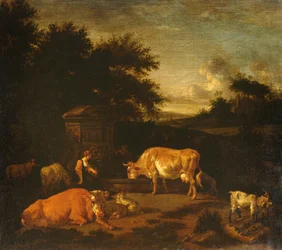 Hirtin und ein Treiber mit ihren Herden an einem klassischen Brunnen in einer bewaldeten Landschaft