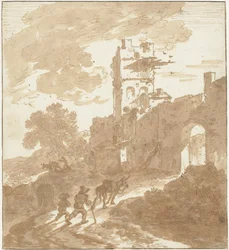 Italienische Landschaft mit einem Weg, der zu einem Stadttor führt