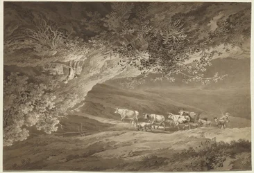 Eine Landschaft mit einer Herde Kühe und Ziegen, überragt von einer anderen Landschaft, kopfüber, mit einem Mann, der eine Schubkarre schiebt
