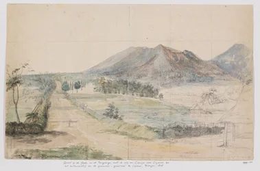 Blick auf die Vulkane Gedé und Pangrango, Straße Cianjur-Cipanas und Landhaus des Generalgouverneurs in Cipanas, Priangan, West-Java