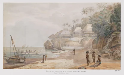 Ansicht einer Siedlung an der Ostküste von Workai, Aru-Inseln, Südost-Molukken