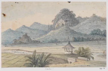 Landschaft bei Cibodas mit Brücke und Pavillon, West-Java