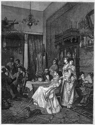 Amateurkonzert in einem Künstleratelier. Gravur nach dem Gemälde von Adrien Moreau in „Das illustre Universum“