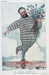 Karikatur von Andre Michelin und Bibendum - Illustration von Adrien Barrere (1877-1931) in „Fantasio“ vom 01/07/1923
