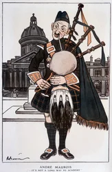 Karikatur in Academician von André Maurois (Pseudonym von Emile Herzog), französischer Romanautor, Essayist und Historiker (1885-1967) - von Barrère, in „Fantasio“ vom 15.04.1929