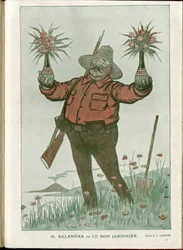 Illustration von A Barrere (1874-1931) in „Fantasio“, 01/06/15 - Herr Salandra oder der gute Gärtner - Krieg von 14-18, Italien, Wein, Neutralität, Blumen, Vulkanausbrüche, Vorsitzender des Rates, Triest - Salandra Antonio