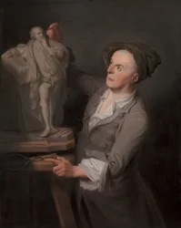 Louis-Francois Roubiliac modelliert sein Denkmal für Shakespeare, zwischen 1760 und 1761