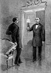Theateraufführung: 4. Akt von Jean Baudry von Auguste Vacquerie mit Gustave Hippolyte Worms (Olivier), Edmond Got (Jean Beaudry). Paris, Comédie-Française