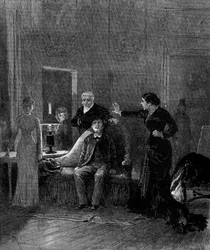 Theateraufführung: 5. Akt von „Jack“ von Alphonse Daudet (1840-1897) und H. Lafontaine mit Mademoiselle Sisos (Cécile), M. Porel (Dr. Rivals), M. Chelles (Jack), Mademoiselle Montaland (Ida de Barancy). Paris, Théâtre de l