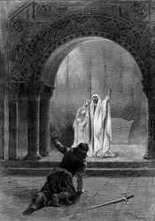 Theateraufführung: „Garin“ von Paul Delair (1842-1894) mit Henri Maubant (1821-1908) (Herbert), Adeline Dudlay (Aischa) und Jean Sully Mounet genannt Mounet-Sully (Mounet-Sully) (1841-1916) (Garin). Paris, Comédie-Française