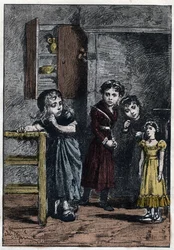 Die beiden Töchter von Thenardier, Eponine und Azelma, betrachten Cosette, die die Puppe Catherine erhalten hat - Illustration von Adrien Marie (1848-1891) für „Die Elenden - Zweiter Teil: Cosette“ von Victor Hugo (1802-1885) 1862