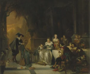 John Dryden liest eines seiner Gedichte vor dem Hof, 1869