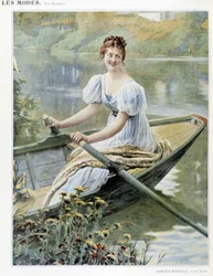 Frau, die ein Boot auf der Seine macht - ill. von Adrien Moreau, ca. 1900