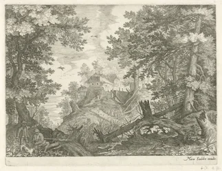 Waldlandschaft mit zwei Jägern und einem Hund