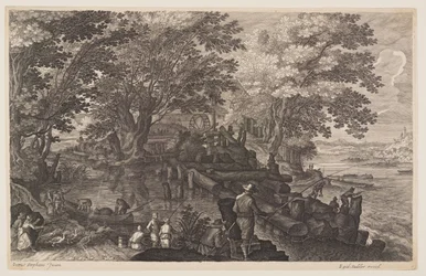 Szene Eins: Wassermühle auf einer Insel in einem Fluss mit Männern beim Fischen, aus Acht Szenen aus Böhmen