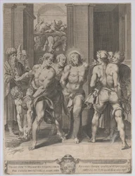 Die Geißelung Christi, mit Peinigern auf beiden Seiten und Figuren, die von einem Balkon zuschauen, 1593