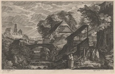 Bauernhäuser an einem Fluss mit einer Stadt im Hintergrund