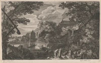 Flusslandschaft mit Fischern bei einer befestigten Stadt