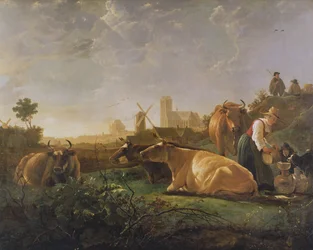 Eine entfernte Ansicht von Dordrecht mit schlafendem Hirten und fünf Kühen (