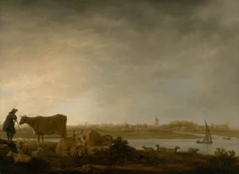 Ansicht von Vianen mit einem Hirten und Vieh an einem Fluss