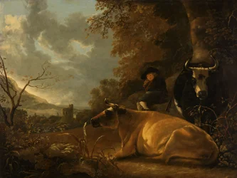 Landschaft mit Kühen und einem jungen Viehhirten