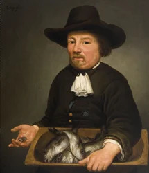 Mann mit dem Eimer voller Fische